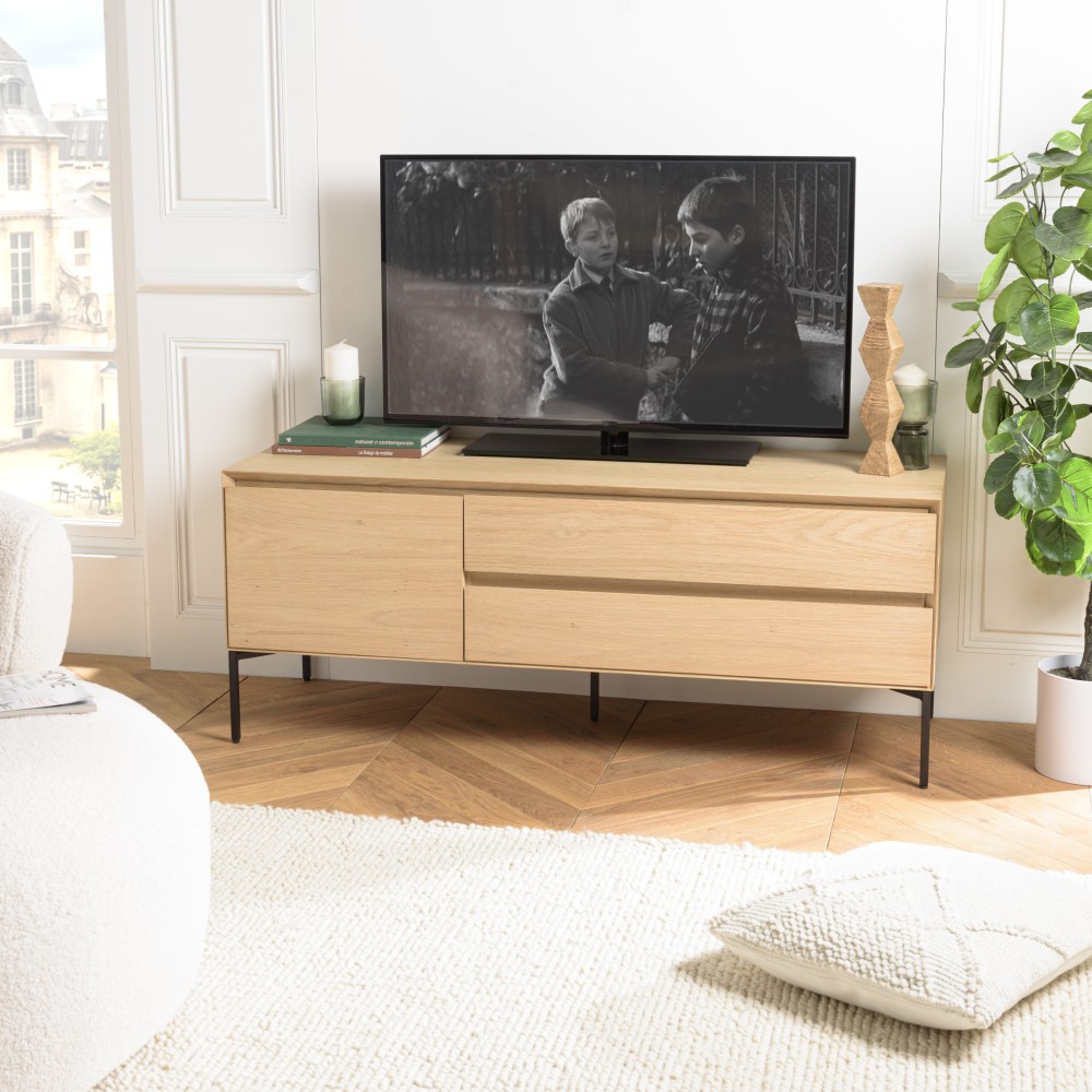 Meuble TV MAXENDRE naturel 1 porte 2 tiroirs Meuble TV MAXENDRE naturel 1 porte 2 tiroirs