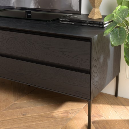 MAXENDRE Black TV Stand with 1 Door, 2 Drawers and Black Metal Legs