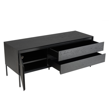 MAXENDRE Black TV Stand with 1 Door, 2 Drawers and Black Metal Legs