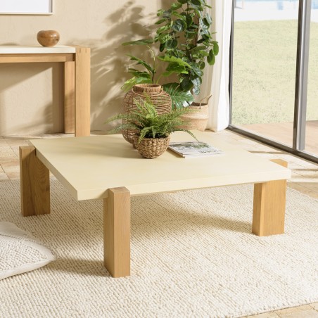 Table basse carrée GREGOIRE 114x114cm - Béton beige et bois de chêne