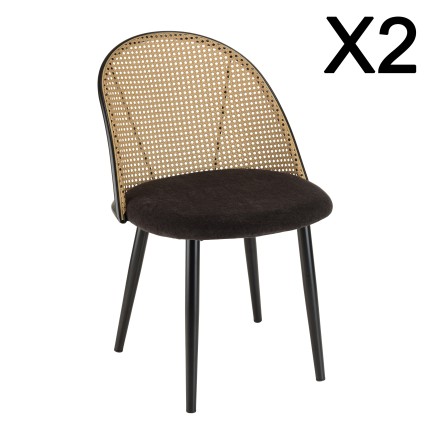 LEA Set of 2 Chairs - Black Fabric Seat and Cane-Effect Backrest