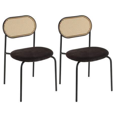 Lot 2 chaises LEA assise tissu noir et dossier cannage