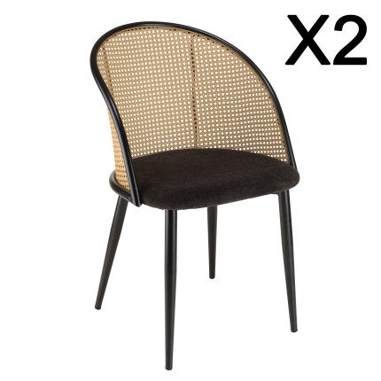 LEA - Set of 2 Armchairs with Black Fabric and Cane Effect Backrest