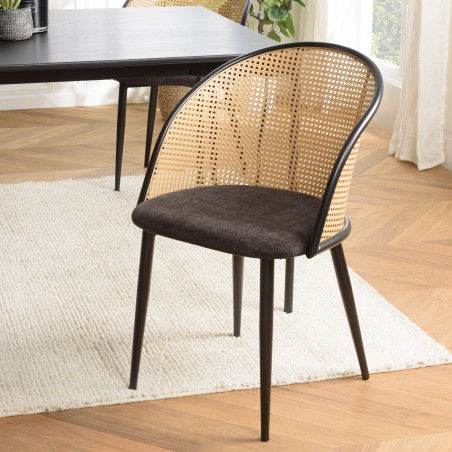 LEA - Set of 2 Armchairs with Black Fabric and Cane Effect Backrest