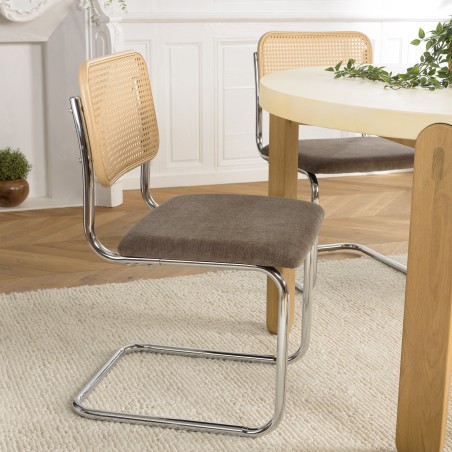Lot de 2 chaises LEA - Assise tissu taupe et dossier cannage