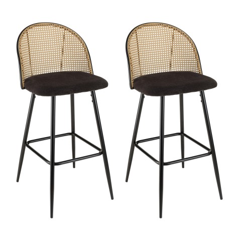 LEA - Set of 2 Bar Stools with Black Fabric and Cane Backrest
