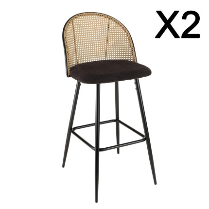 LEA - Set of 2 Bar Stools with Black Fabric and Cane Backrest