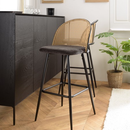 Lot de 2 tabourets de bar LEA - Assise tissu noir - Dossier effet cannage