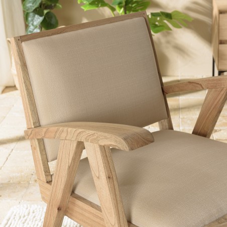 DAK Armchair in Mindi Wood with Beige Textured Fabric Seat