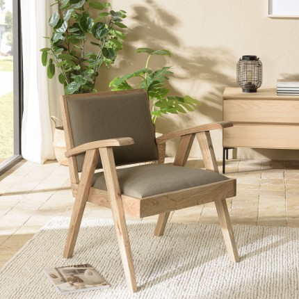 Fauteuil WALLY en Mindi et tissu kaki chiné