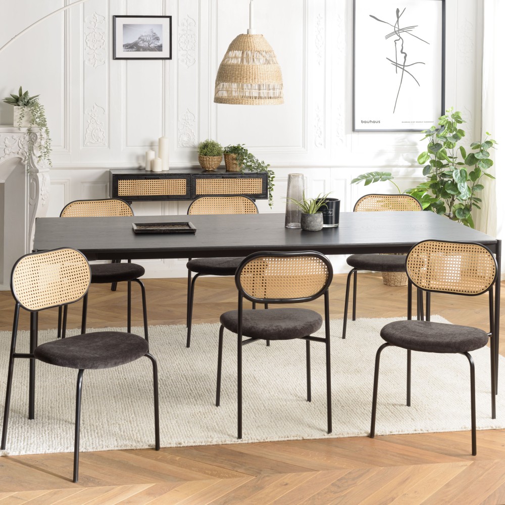 LEA - Set of 2 Chairs with Black Fabric Seat and Cane Backrest LEA - Set of 2 Chairs with Black Fabric Seat and Cane Backrest