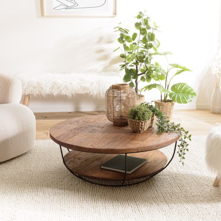 Table basse ronde SIXTINE en teck recyclé et métal noir