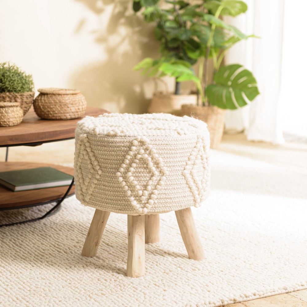 Tabouret rond SACHA 40x40cm laine motifs losanges ivoire Tabouret rond SACHA 40x40cm laine motifs losanges ivoire