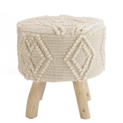 Tabouret rond SACHA 40x40cm laine motifs losanges ivoire