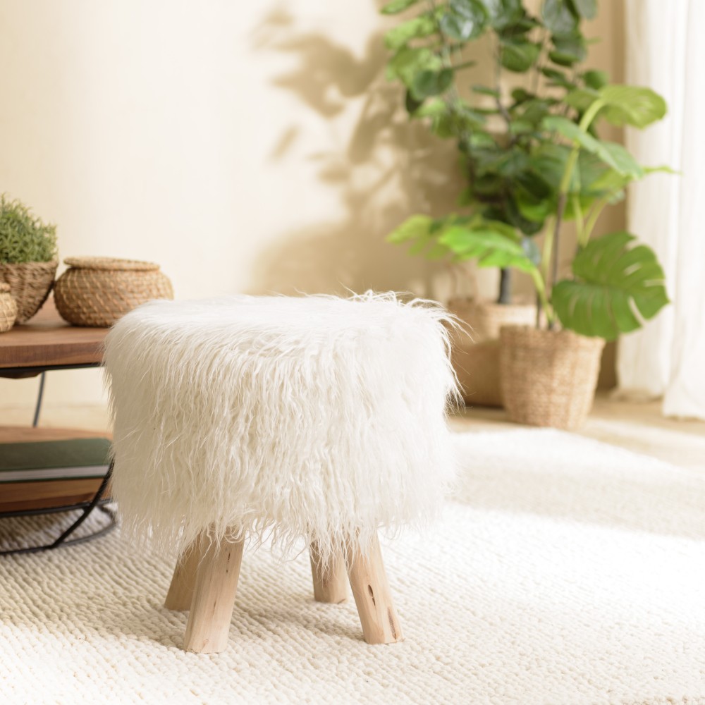 SACHA Round Stool 40x40cm Ivory Sheepskin with Wooden Legs SACHA Round Stool 40x40cm Ivory Sheepskin with Wooden Legs