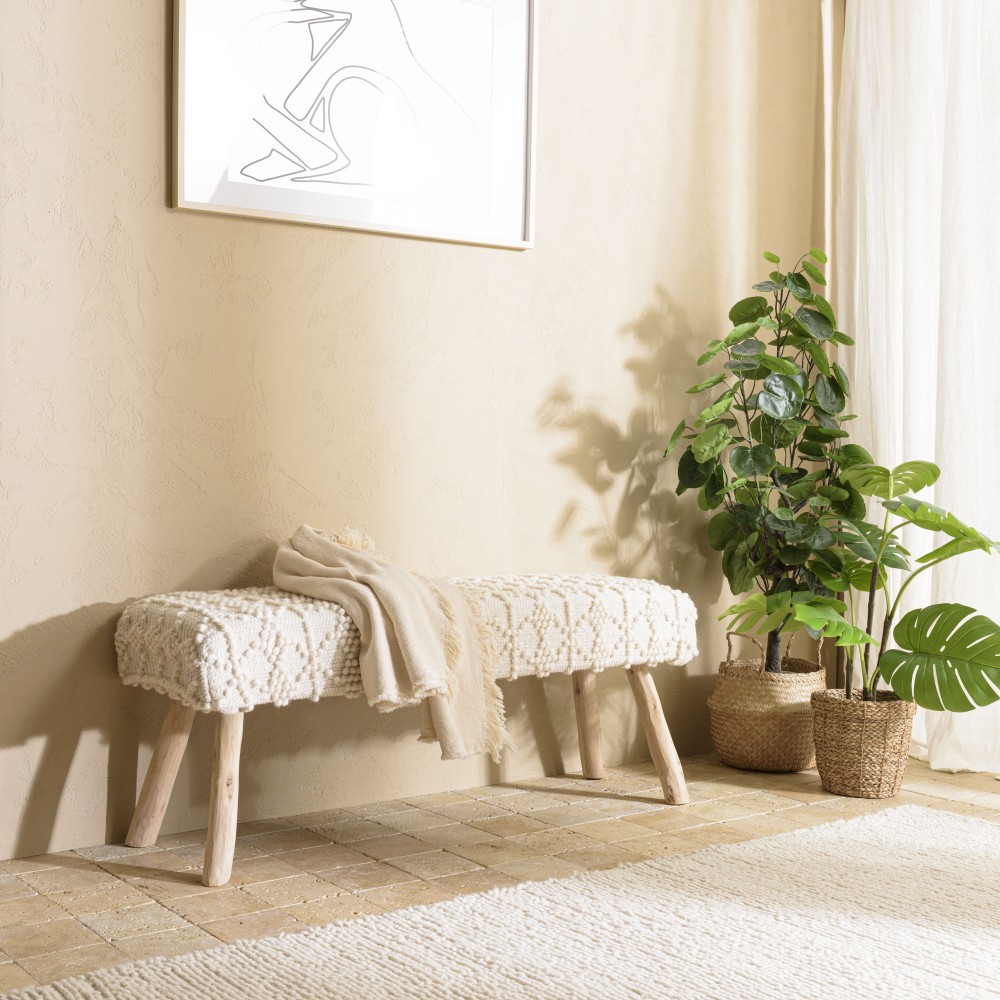 Banc SACHA 120x40cm laine motifs losanges ivoire Banc SACHA 120x40cm laine motifs losanges ivoire