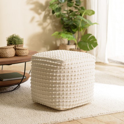 SACHA - Square Textured Ivory Wool Pouffe