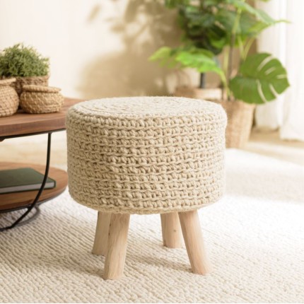 Tabouret rond en laine tressée ivoire SACHA