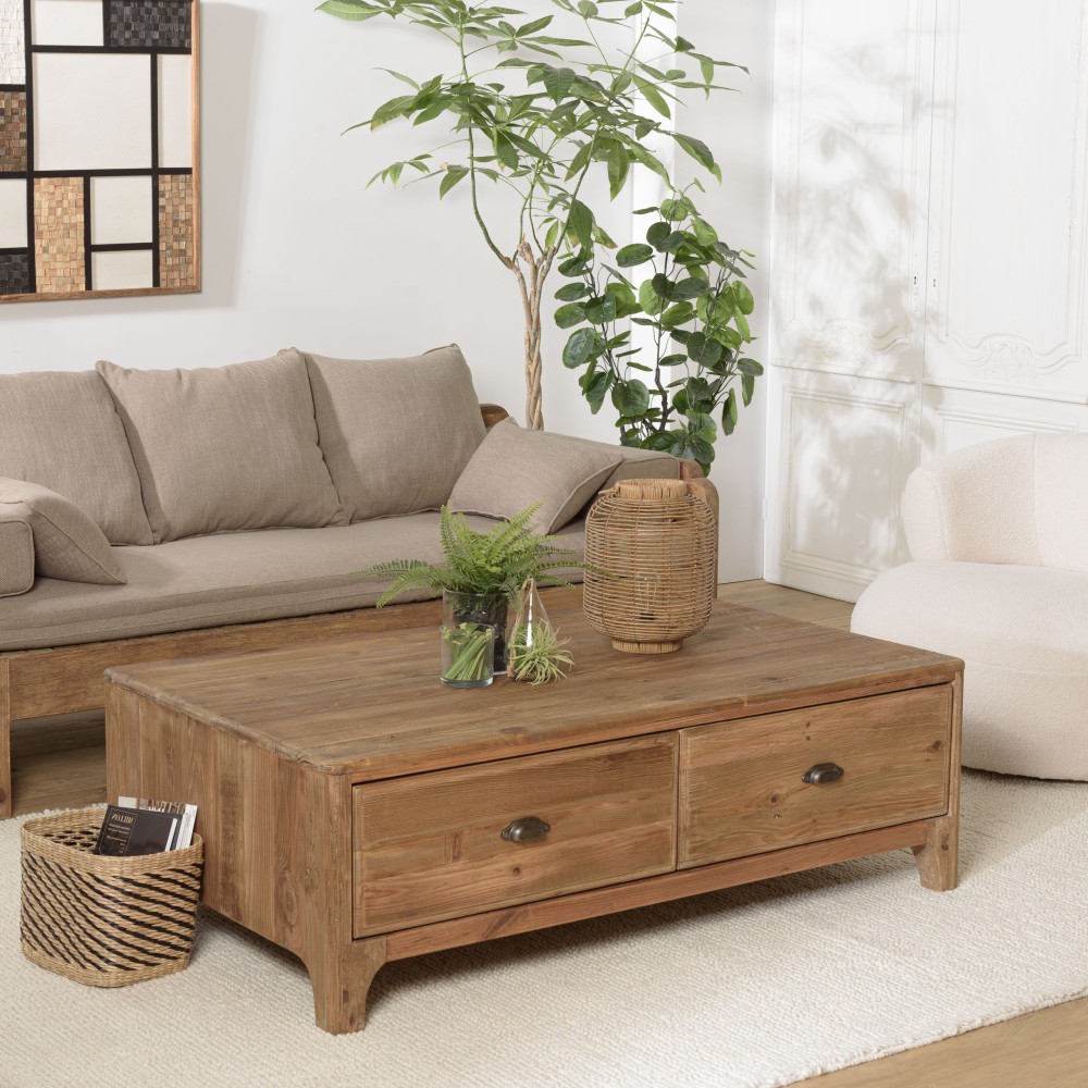 Table basse rectangulaire SANDY 140x85cm 4 tiroirs bois Pin recyclé Table basse rectangulaire SANDY 140x85cm 4 tiroirs bois Pin recyclé