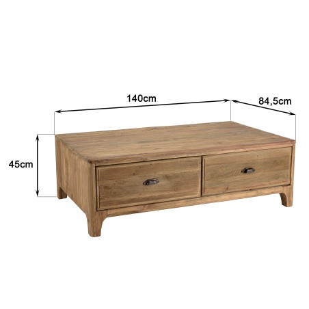 Table basse rectangulaire SANDY 140x85cm 4 tiroirs bois Pin recyclé