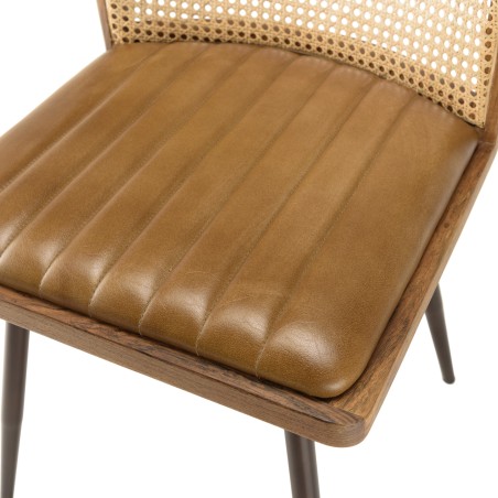 MARCEL Set of 2 Mango Wood Chairs - Padded Leather Seat & Rattan Backrest