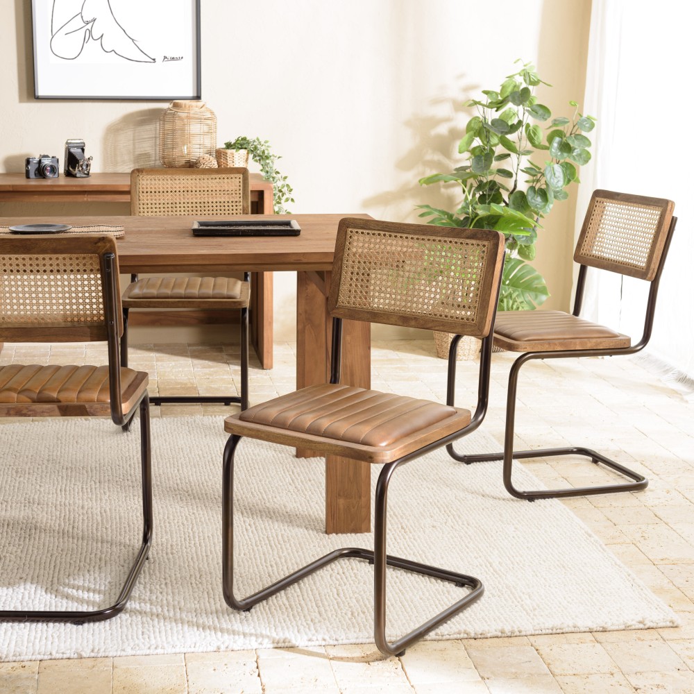 MARCEL Set of 2 Mango Wood Chairs with Padded Leather Seat and Retro Legs MARCEL Set of 2 Mango Wood Chairs with Padded Leather Seat and Retro Legs