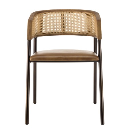 MARCEL Set of 2 Armchairs - Leather Seat, Mango Wood & Rattan Backrest