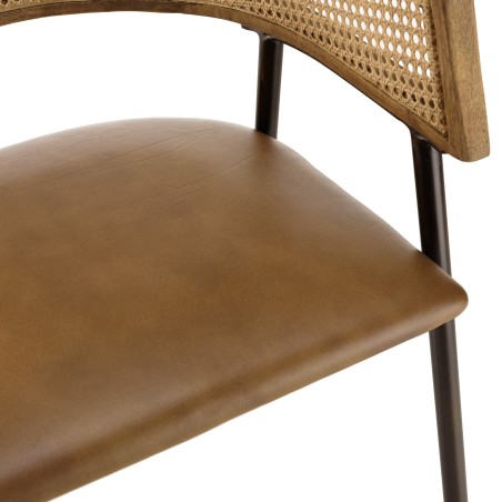 MARCEL Set of 2 Armchairs - Leather Seat, Mango Wood & Rattan Backrest
