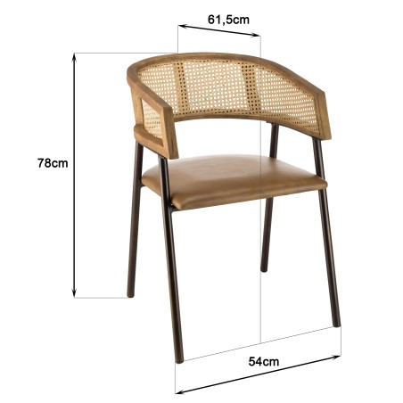MARCEL Set of 2 Armchairs - Leather Seat, Mango Wood & Rattan Backrest