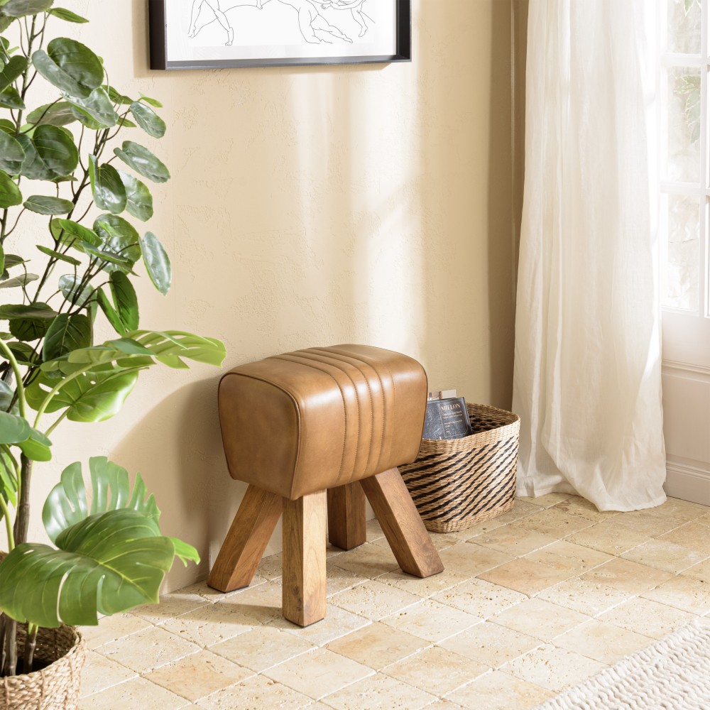 MARCEL Brown Leather Upholstered Stool with Slanted Mango Wood Legs MARCEL Brown Leather Upholstered Stool with Slanted Mango Wood Legs