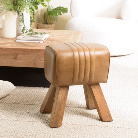 Tabouret en cuir marron MARCEL - Pieds inclinés en manguier