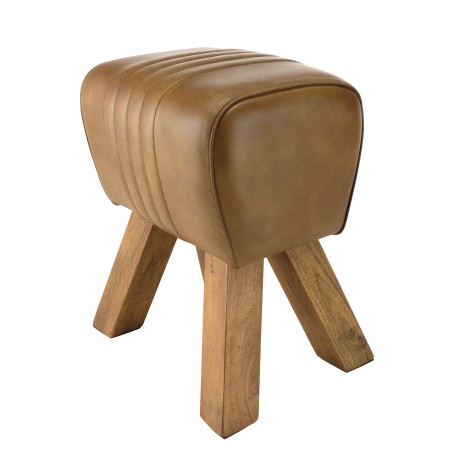 MARCEL Brown Leather Upholstered Stool with Slanted Mango Wood Legs