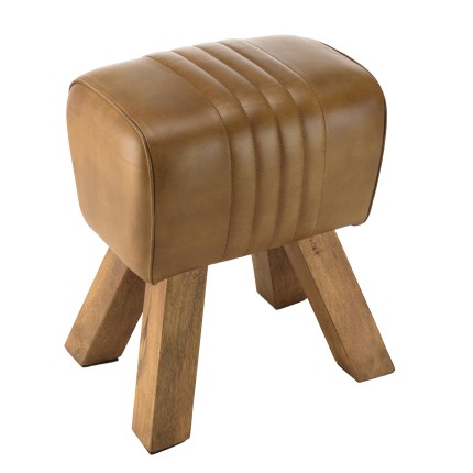 MARCEL Brown Leather Upholstered Stool with Slanted Mango Wood Legs