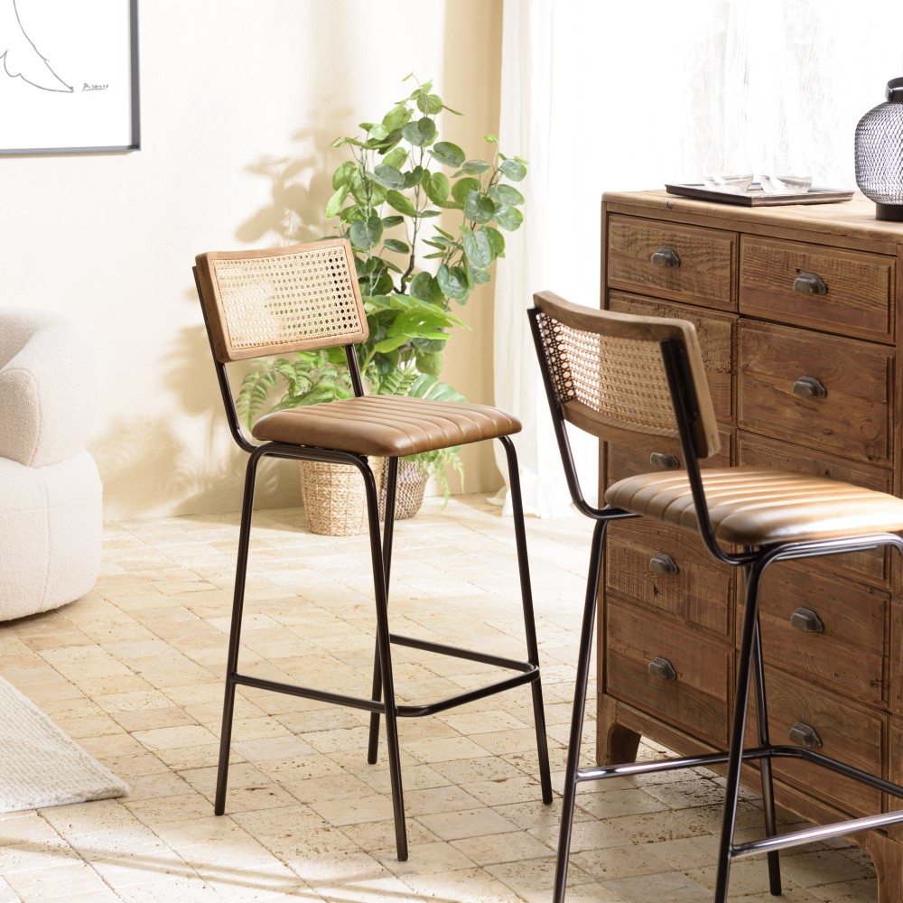 MARCEL Set of 2 Bar Stools - Padded Leather Seat & Straight Backrest MARCEL Set of 2 Bar Stools - Padded Leather Seat & Straight Backrest