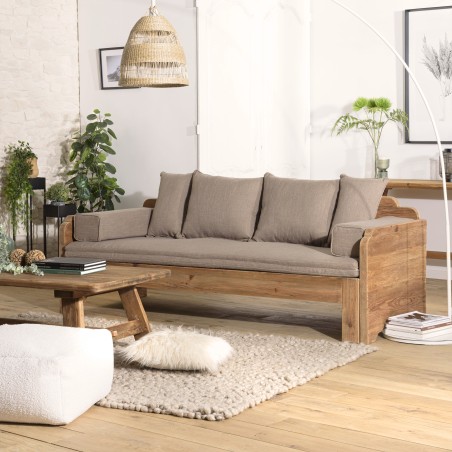 SANDY - 3-Seater Sofa Bed in Recycled Pine Wood with Cushions