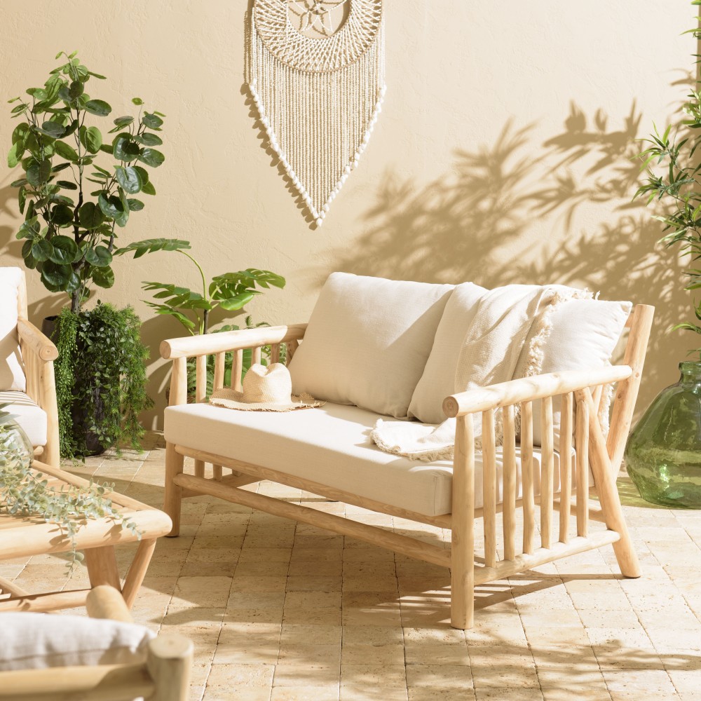WILL - BORNEO 2-seater Sofa | Natural Teak Branches with White Cushions WILL - BORNEO 2-seater Sofa | Natural Teak Branches with White Cushions
