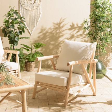 Fauteuil MADURA en teck naturel et coussins blancs