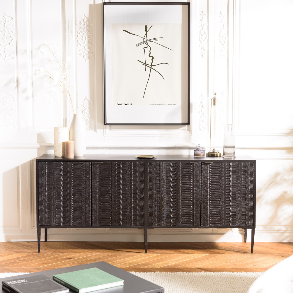 GLORIA - Black Mango Wood Sideboard with 4 Carved Doors and Metal Legs GLORIA - Black Mango Wood Sideboard with 4 Carved Doors and Metal Legs