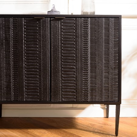 GLORIA - Black Mango Wood Sideboard with 4 Carved Doors and Metal Legs