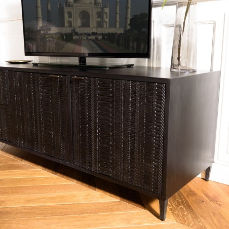 GLORIA - Black Mango Wood Sideboard with 4 Carved Doors and Metal Legs