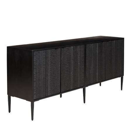 GLORIA - Black Mango Wood Sideboard with 4 Carved Doors and Metal Legs