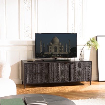 GLORIA Black Mango Wood TV Stand - 2 Doors, 2 Carved Drawers