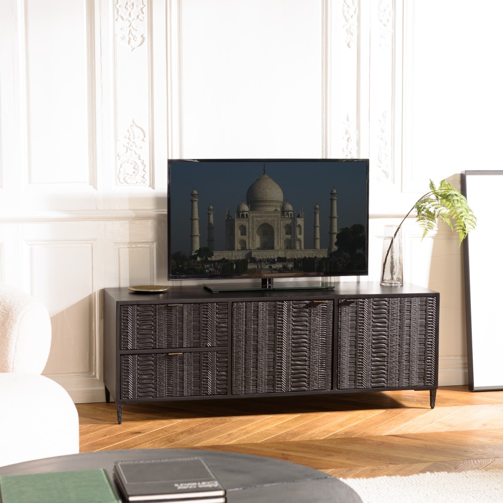 GLORIA Black Mango Wood TV Stand - 2 Doors, 2 Carved Drawers GLORIA Black Mango Wood TV Stand - 2 Doors, 2 Carved Drawers