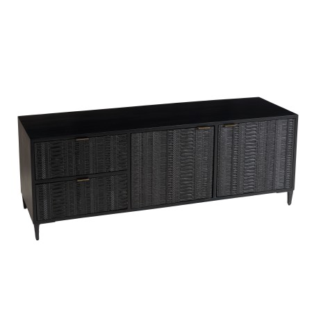 GLORIA Black Mango Wood TV Stand - 2 Doors, 2 Carved Drawers