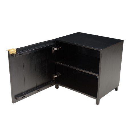GLORIA Black Mango Wood Bedside Table with Carved Door and Metal Legs
