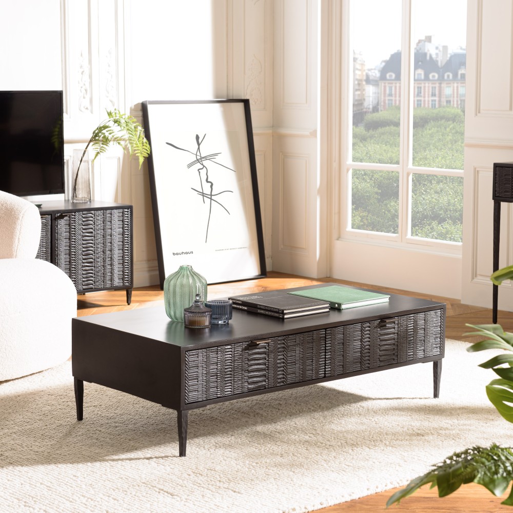 GLORIA Black Mango Wood Coffee Table with 2 Carved Drawers GLORIA Black Mango Wood Coffee Table with 2 Carved Drawers
