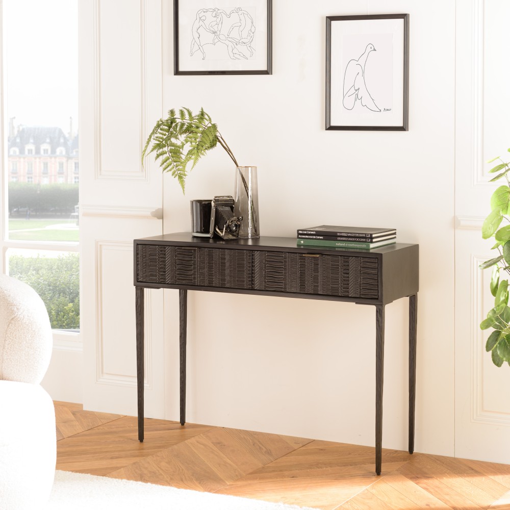 Console GLORIA en manguier noir - 2 tiroirs sculptés Console GLORIA en manguier noir - 2 tiroirs sculptés
