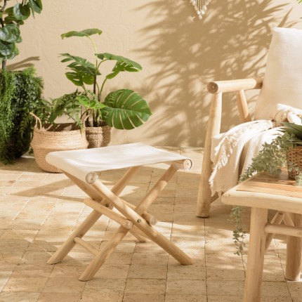 Tabouret pliant en branches de teck - Pieds croisés - Assise tissu
