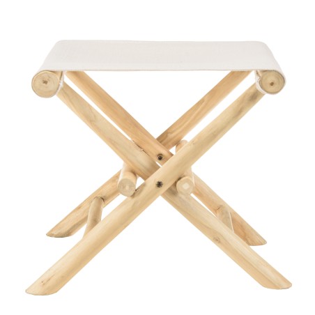 Tabouret pliant en branches de teck - Pieds croisés - Assise tissu