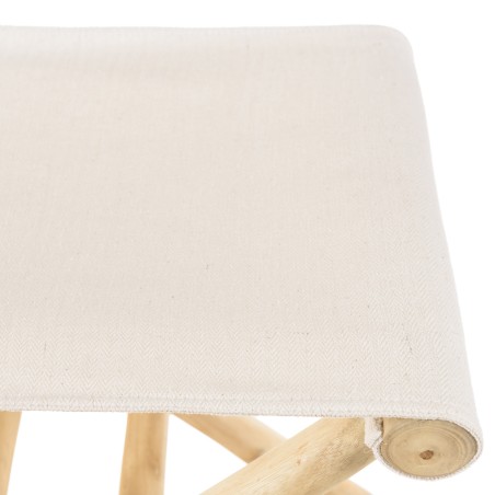 Tabouret pliant en branches de teck - Pieds croisés - Assise tissu